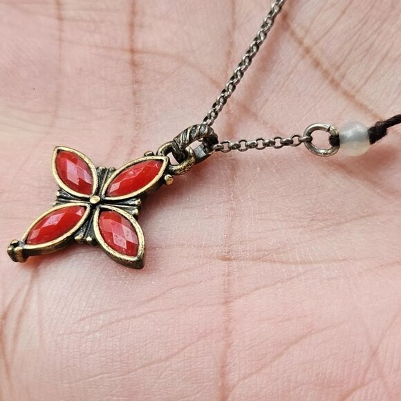 Jewelry - Vintage Necklace Brown Tone Chain Red Faux Stone Pendant Fashion Jewelry